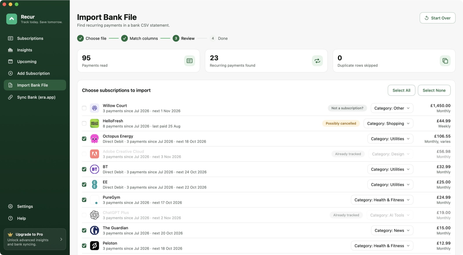 Recur's import review screen listing recurring payments found in a bank statement