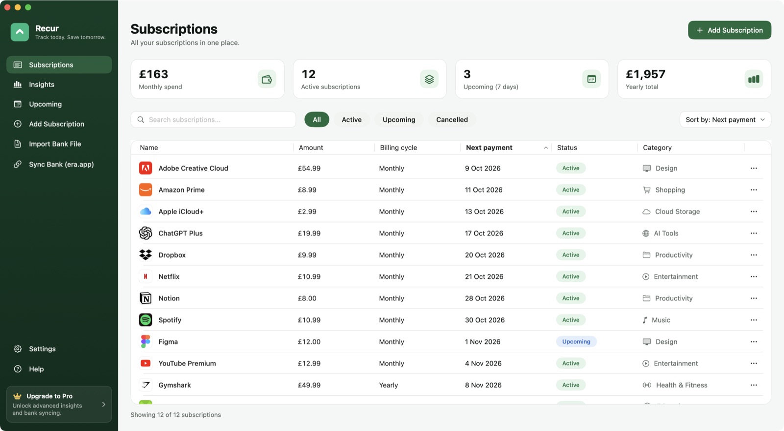 Recur showing a table of subscriptions with monthly spend, upcoming payments and categories